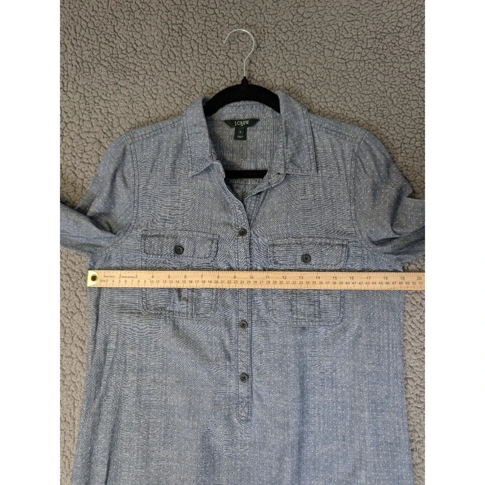J.Crew Chambray Polkadot Shirt Dress Size S Blue Cotton Roll Tab Long Sleeve
